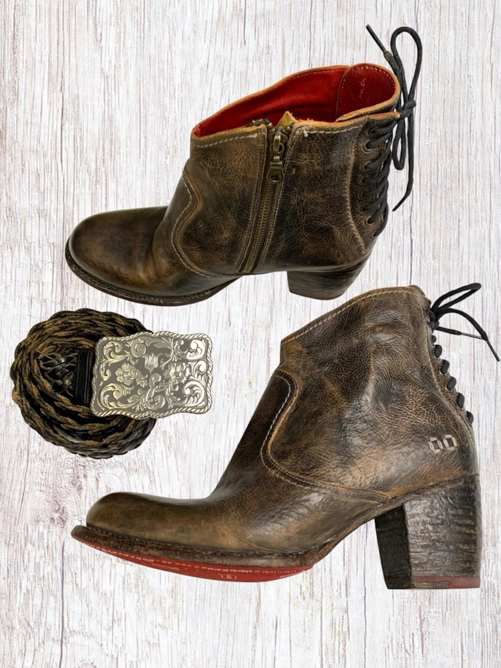 Bed Stu x Sundance Cobbler Series Xena Brown Leather Lace Back Ankle Boots- 10